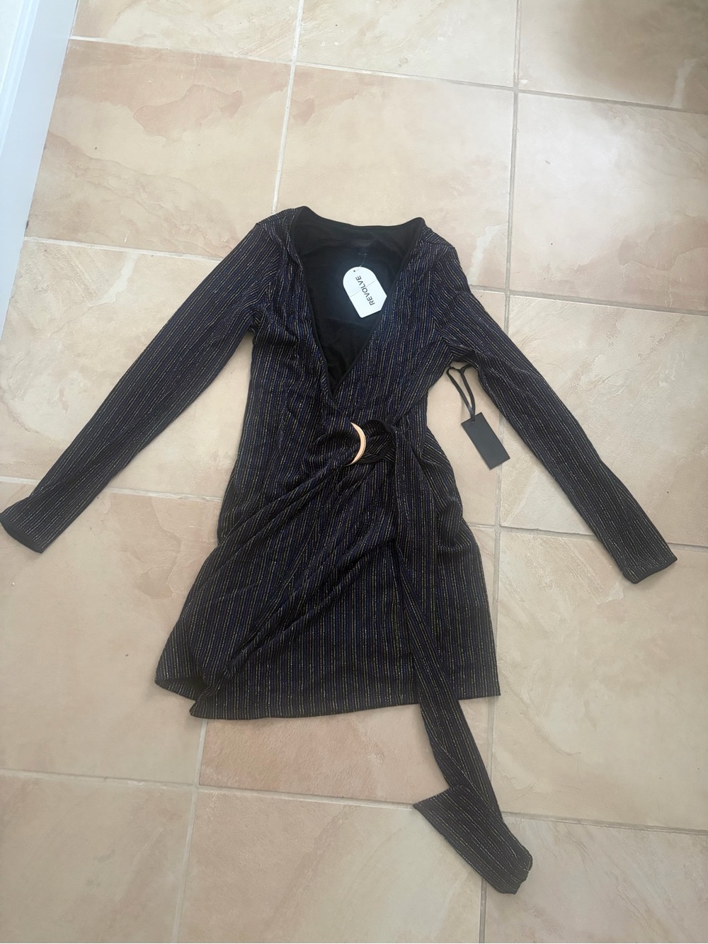 h:ours Revolve Black Metallic Wrap Dress with Side Ring Accent